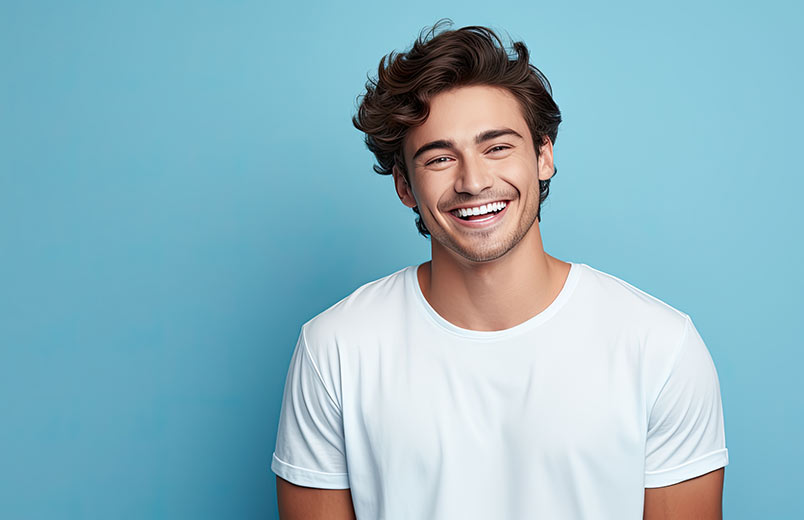 Junger lächelnder Mann nach der Behandlung mit perfekt weißen und geraden Zähnen