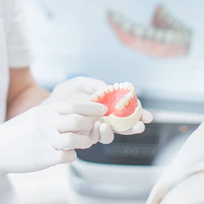 Zahnarzt hält das Modell eines Unterkiefers in der Hand